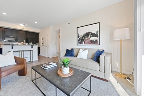 A living room with a grey coffee table and a white couch.