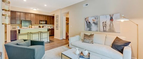A modern living room with a white couch and a grey armchair.