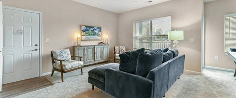 A living room with a grey couch, a wooden chair, and a painting on the wall.