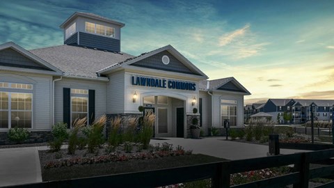 A rendering of a building with the name "LAWKDALE COMMUNITIES" on it.
