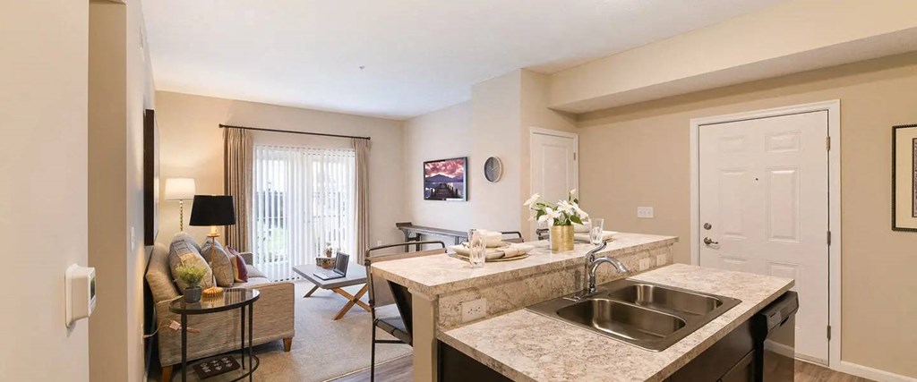 a kitchen with a sink and a living room