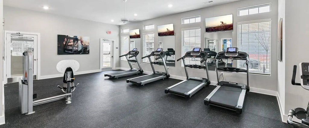 A gym with treadmills, elliptical machines, and a weight machine.
