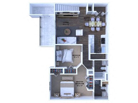 A floor plan of a small apartment with a living room, dining area, kitchen, and three bedrooms.