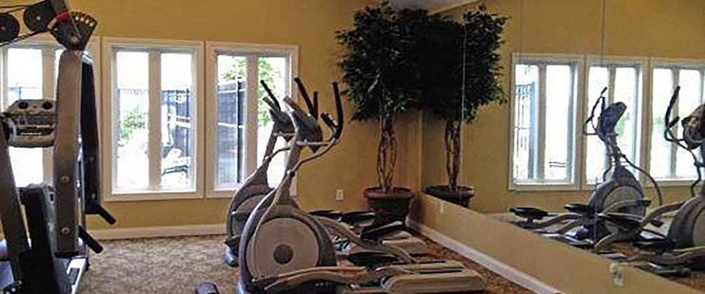 A room with exercise equipment and a mirror.