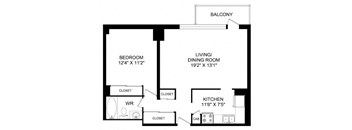A black and white image of a floor plan for a home with a bedroom, living/dining room, kitchen, and closets.