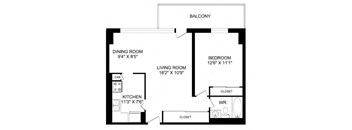 A floor plan of an apartment with a living room, dining room, kitchen, bedroom, and balcony.