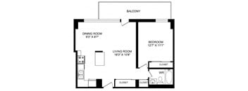 A black and white image of a floor plan for a home with a dining room, living room, bedroom, and closets.