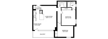A black and white image of a floor plan for a home with a living room, dining room, kitchen, and two bedrooms.