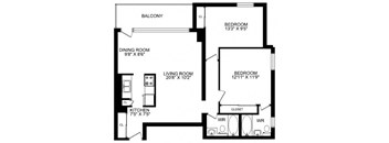 A black and white image of a 2-bedroom apartment