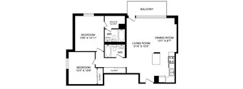 A black and white image of a house floor plan with a balcony, two bedrooms, a living room, a dining room, and a walk-in closet.
