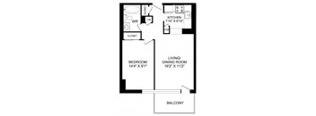 A black and white image of a floor plan for a small apartment.