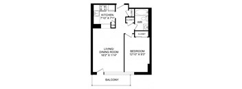 A black and white image of a floor plan for a home with a kitchen, living/dining room, bedroom, and balcony.