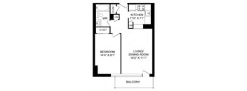 A black and white image of a floor plan for a small apartment.