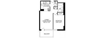 A black and white floor plan of a small apartment with a kitchen, living/dining room, bedroom, and balcony.