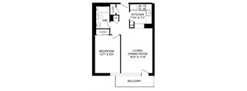 A black and white image of a floor plan for a home with a bedroom, living/dining room, kitchen, and balcony.