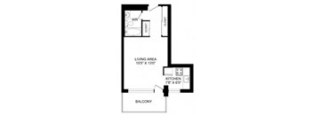A black and white drawing of a house layout with a living area, kitchen, and balcony.