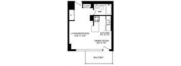 A black and white image of a floor plan for a small apartment.