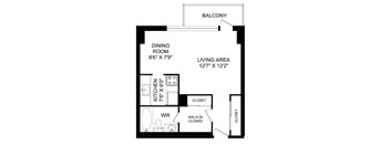 A black and white image of a floor plan for a small apartment.