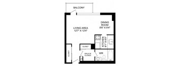 A black and white image of a floor plan for a home with a living area, dining room, kitchen, and closet.