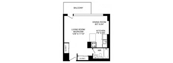 A black and white floor plan of a small apartment with a living room, dining room, kitchen, and balcony.