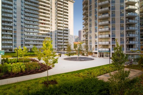 a park with trees and buildings in the background