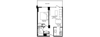 A black and white image of a floor plan for a small apartment.