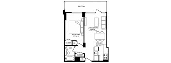 A black and white image of a balcony floor plan with a living room, dining room, kitchen, and two bedrooms.