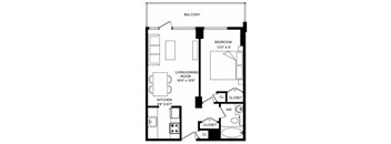 A black and white image of a floor plan for a balcony, bedroom, living/dining room, kitchen, and closet.