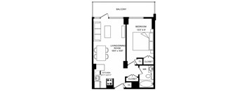 A black and white image of a floor plan for a living space.