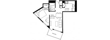A black and white image of a floor plan for a home with a kitchen, living room, dining room, bedroom, and closet.