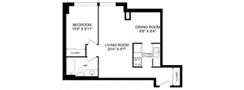A floor plan of a living space with a bedroom, dining room, and kitchen.