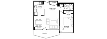 A black and white image of a floor plan for a small apartment.