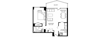 A black and white image of a house floor plan with a balcony, three bedrooms, a living room, a dining room, a kitchen, and a closet.