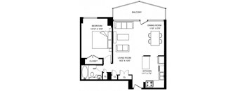 A black and white image of a house floor plan with a balcony, three bedrooms, a living room, a dining room, a kitchen, and a closet.