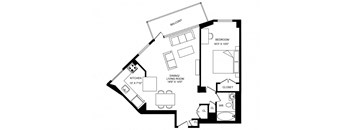 A black and white image of a house floor plan with a balcony, kitchen, living room, bedroom, closet, and bathroom.