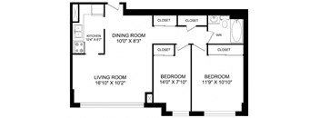 A black and white image of a floor plan for a house with a living room, dining room, kitchen, and two bedrooms.