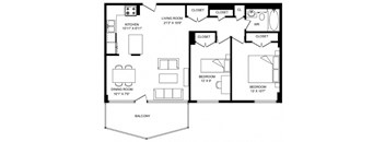 A black and white image of a floor plan for a home with a living room, kitchen, dining room, and two bedrooms.