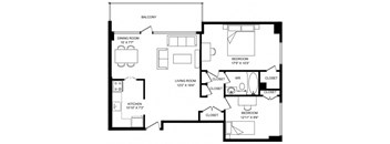 A black and white image of a house floor plan with a balcony, two bedrooms, a living room, a dining room, and a kitchen.