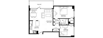 A black and white image of a house floor plan with a balcony, three bedrooms, a living room, a dining room, and a kitchen.