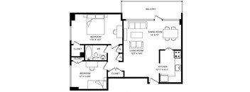 A black and white image of a house floor plan with a balcony, two bedrooms, a living room, a dining room, a kitchen, and two closets.