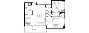 A black and white image of a floor plan for a home with a living room, dining room, kitchen, and two bedrooms.