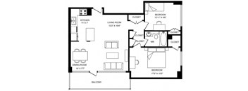 A black and white image of a floor plan for a home with a living room, dining room, kitchen, and three bedrooms.