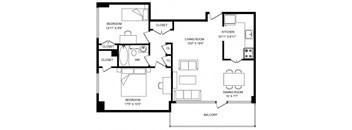 A black and white image of a floor plan for a home with labeled rooms and dimensions.