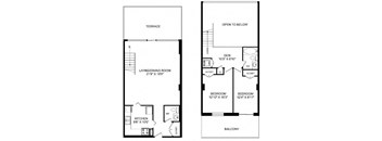 A floor plan of a two-story home with a living room, dining room, kitchen, two bedrooms, a den, and a balcony.