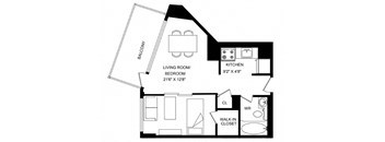 A black and white image of a floor plan for a small apartment.