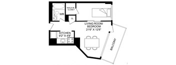 A black and white image of a floor plan for a living room, bedroom, kitchen, and balcony.