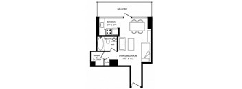 A black and white image of a floor plan for a small apartment.