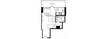 A black and white image of a floor plan for a studio apartment.