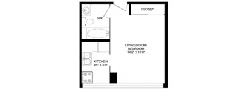 A floor plan of a small apartment with a living room, kitchen, and bathroom.