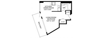 A black and white image of a floor plan for a home with a kitchen, dining room, living room, bedroom, and closet.